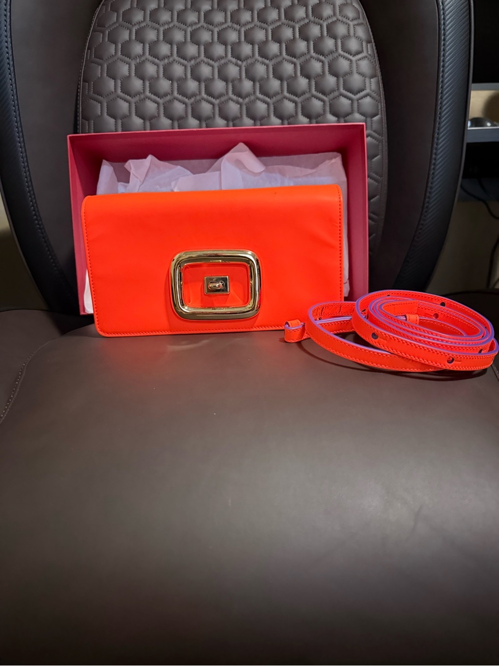 Roger Vivier Neon Orange Clutch with Gold Buckle
